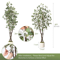 Eucalyptus artificiel Garvee de 1,5 m avec 50 lumières LED, pot en plastique, branches ajustables, facile d'entretien, idéal pour le salon et le bureau, blanc