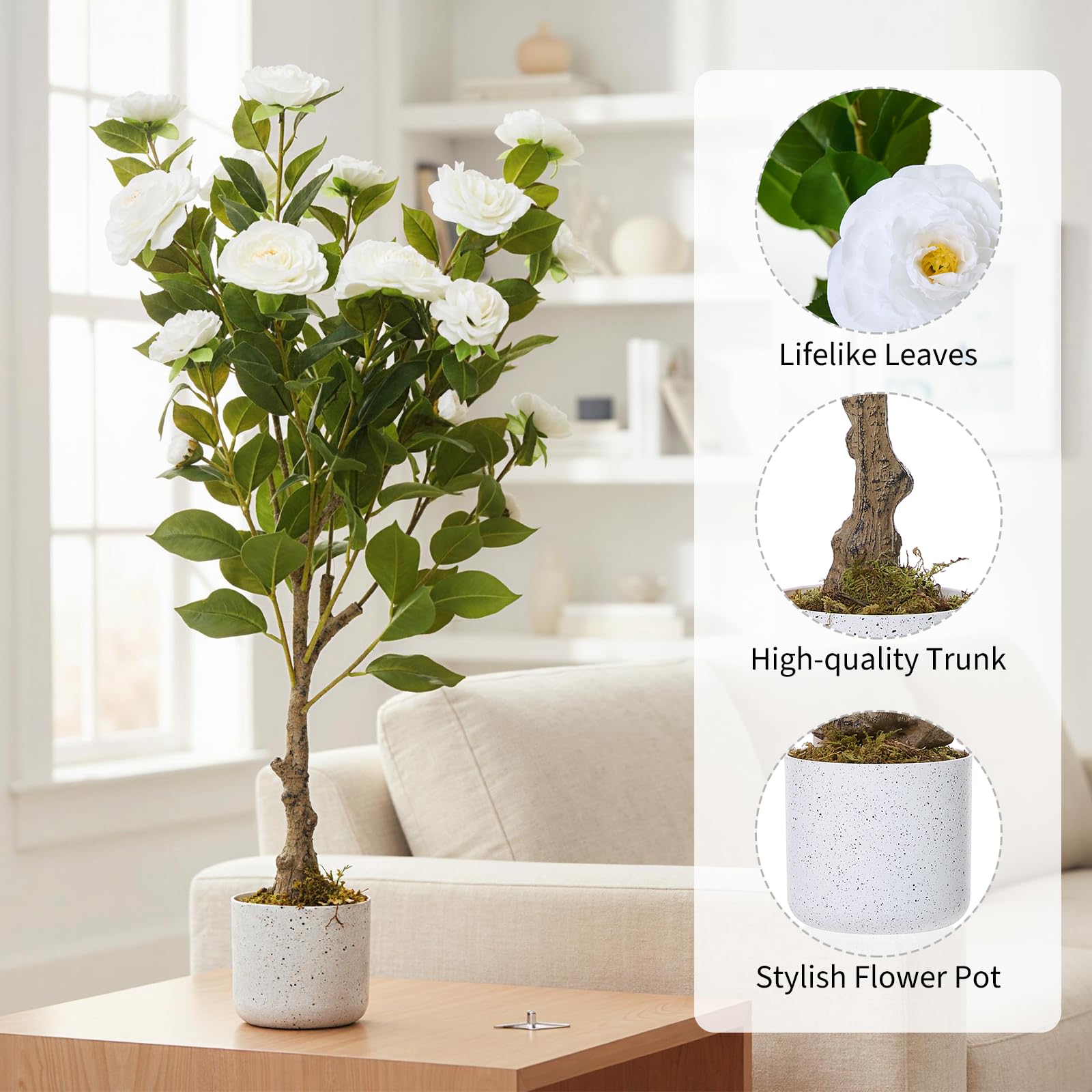 Lot de 2 camélias artificiels Garvee de 90 cm avec pot blanc, pour l'intérieur et les espaces extérieurs couverts. Entretien facile. Fleurs réalistes.