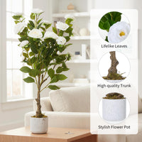 Lot de 2 camélias artificiels Garvee de 90 cm avec pot blanc, pour l'intérieur et les espaces extérieurs couverts. Entretien facile. Fleurs réalistes.
