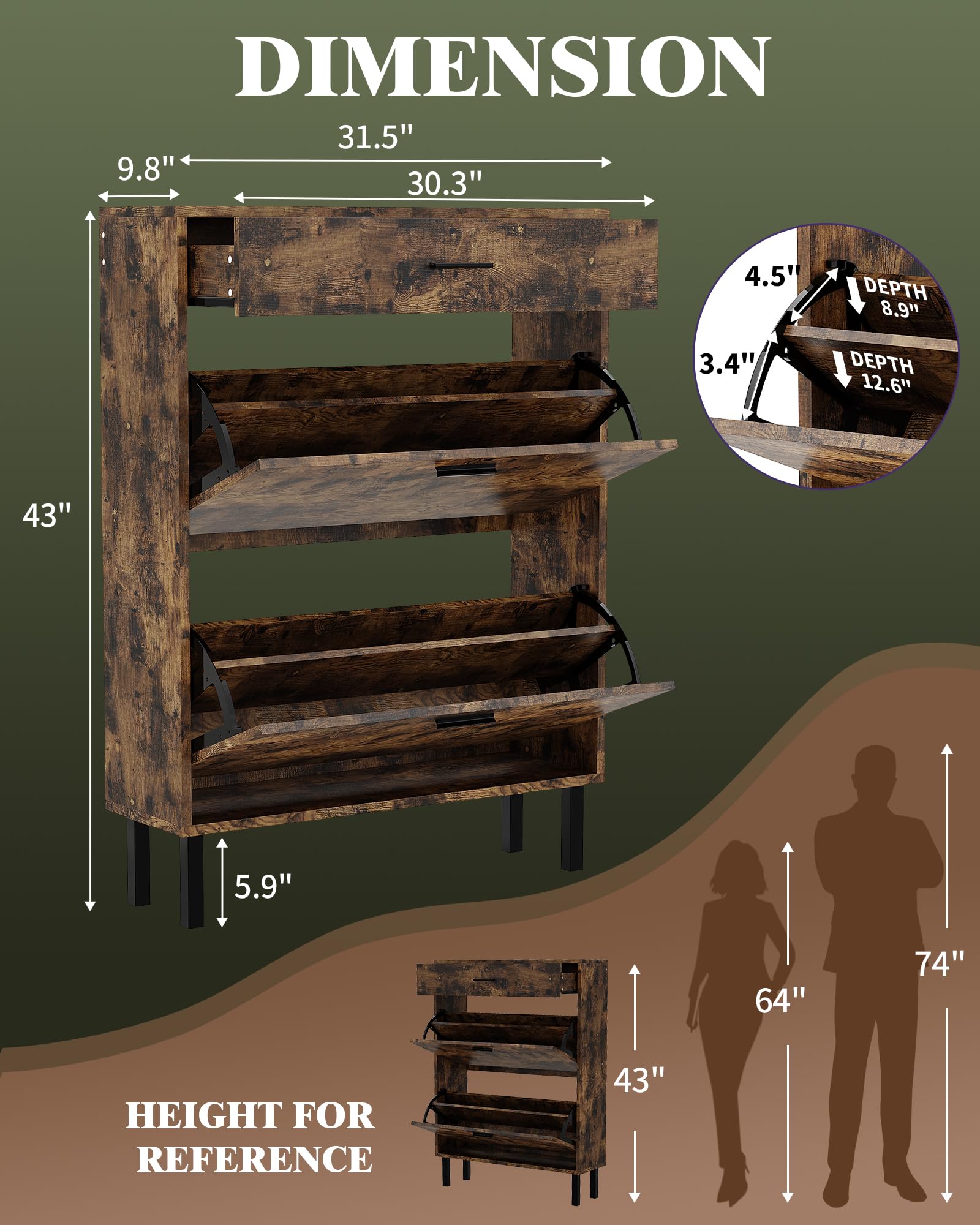Meuble à chaussures étroit en bois Garvee avec 3 tiroirs, anti-basculement, pour entrée et couloir, multicolore