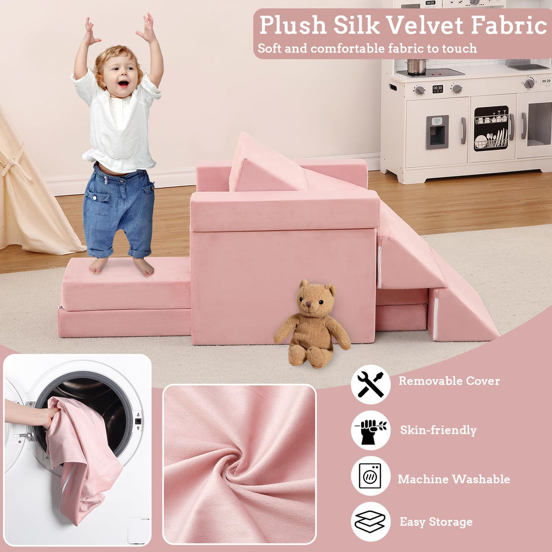 Garvee Canapé modulable enfant 12 pièces, convertible et polyvalent, mousse résistante, housse lavable, coloris teal et rose, idéal salle de jeux et chambre d’enfant