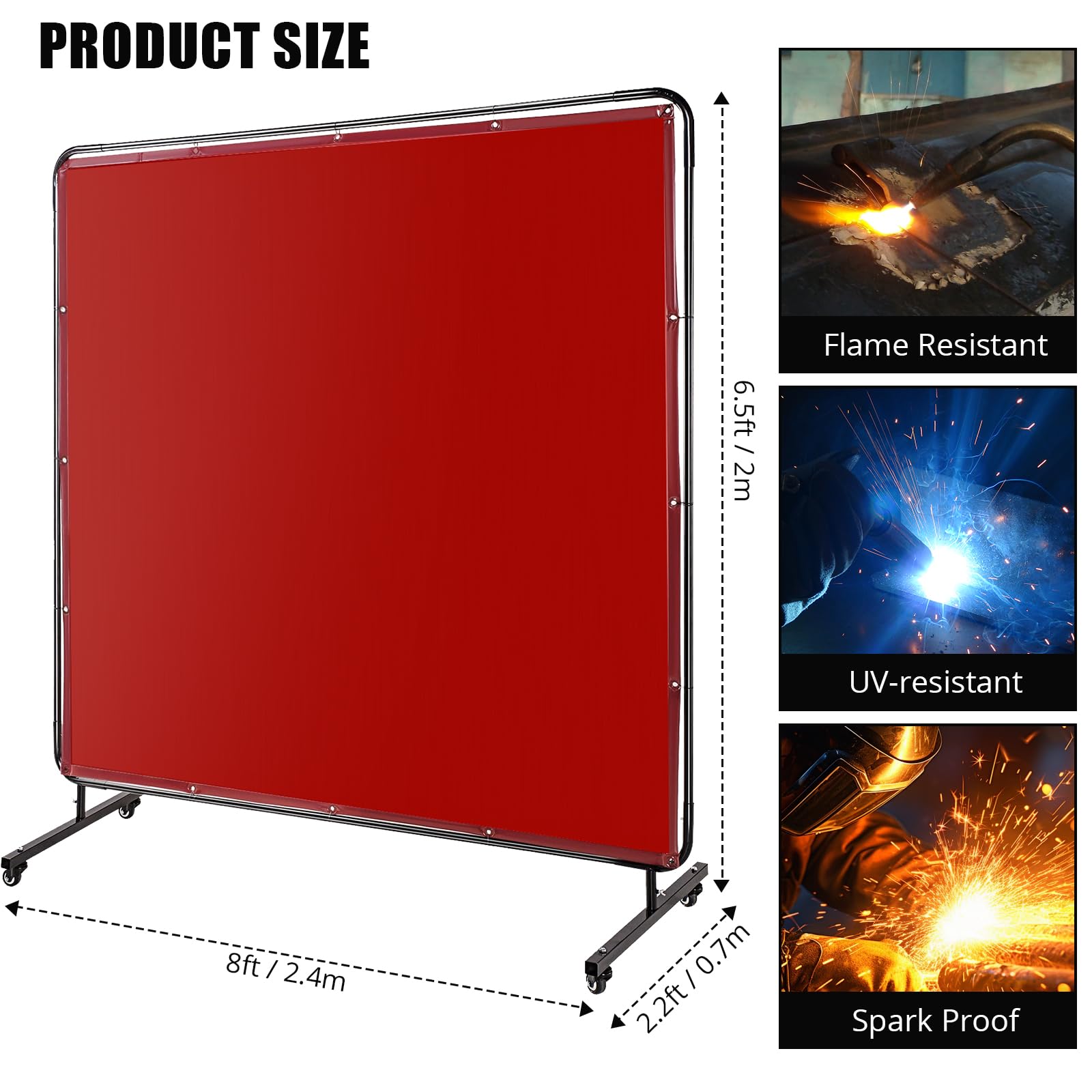 Écran de soudage Garvee 2,4 x 1,8 m en vinyle avec cadre, PVC ignifugé, transparent, pour ateliers, mobile, roues verrouillables