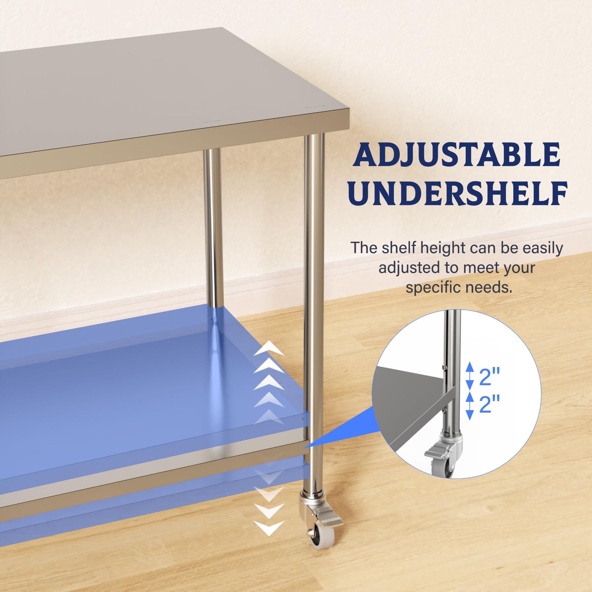 Garvee Table de travail en acier inoxydable, 152 x 61 x 89 cm, étagère réglable en hauteur, roulettes pivotantes à 360°, certifiée NSF