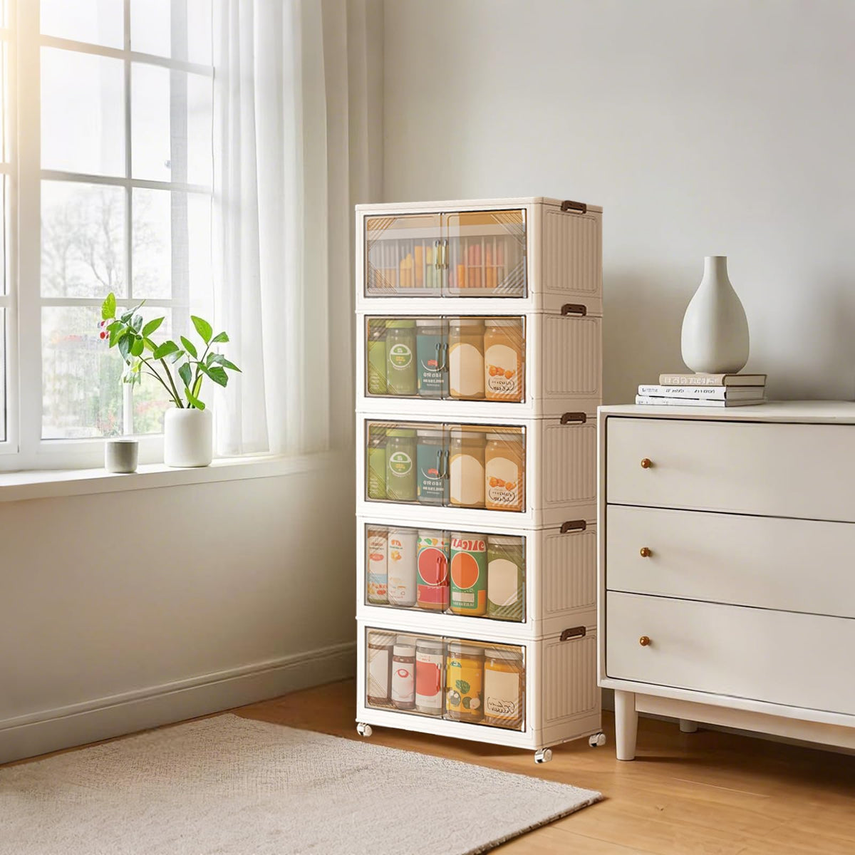 Garvee Boîtes de rangement empilables 5 niveaux avec roulettes, pliables, portes magnétiques transparentes, pour salon et chambre, 45 x 27 x 116cm