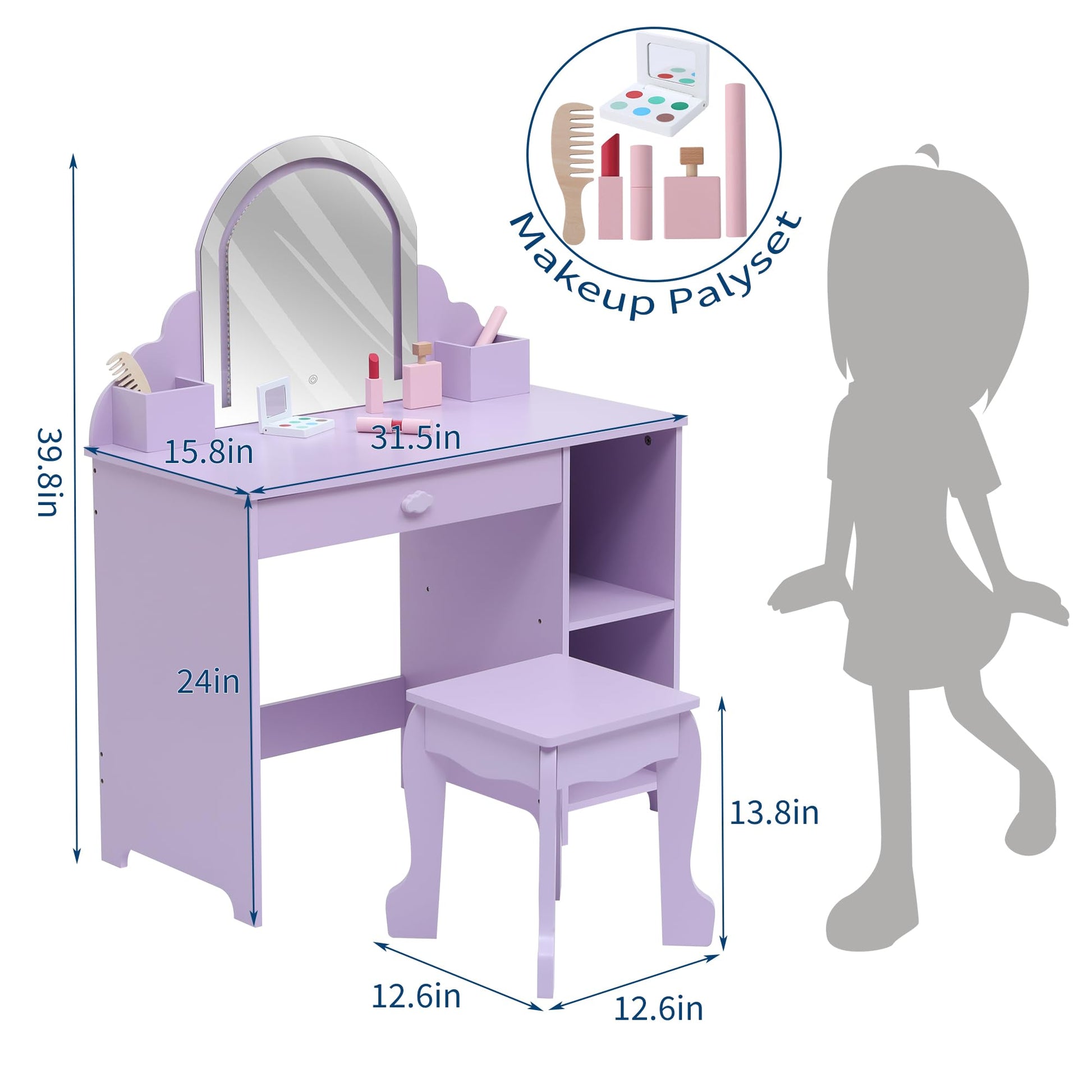 Garvee Coiffeuse Enfant avec Miroir Lumineux, Table et Tabouret 2 en 1, Grand Rangement, MDF Sûr, LED Réglable, pour Filles 3-9 Ans, Lilas