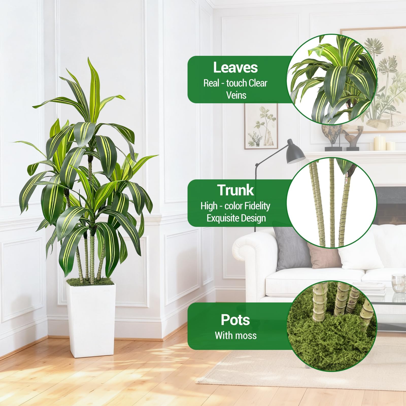 Arbre dragon artificiel Garvee 150 cm avec pot de fleurs blanc pour salon, balcon ou bureau, décoration tropicale verte