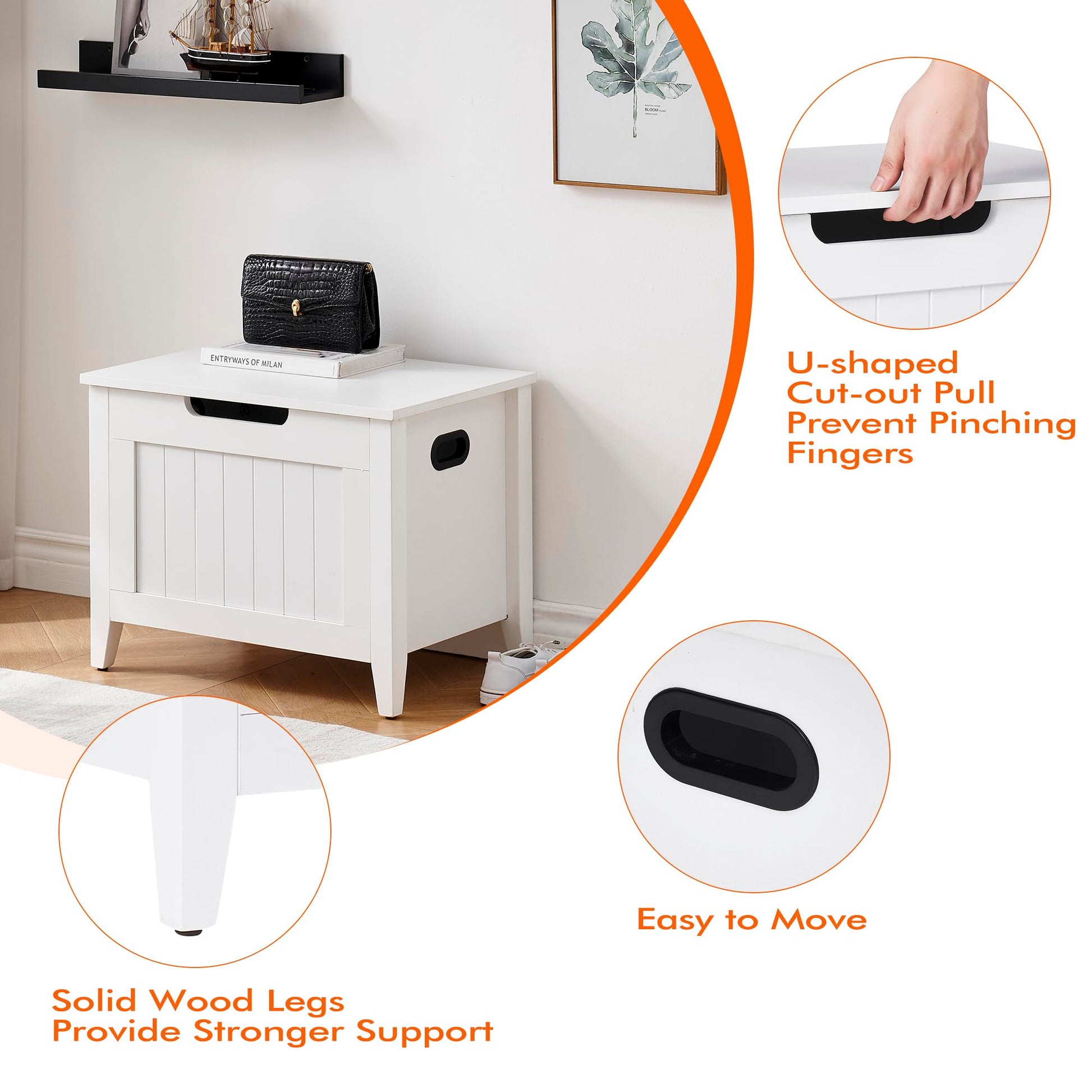 Banc de rangement Garvee avec charnières de sécurité, plateau rabattable de 60 cm, pieds en bois, blanc, pour entrée et salon