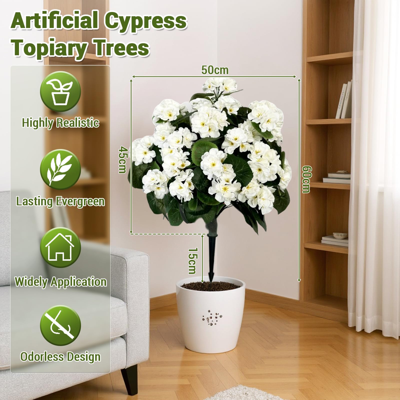 Bégonias artificiels lavande Garvee, boules de 58 cm (23 pouces), en polyéthylène résistant aux UV et aux intempéries, avec piquet pour le sol, vert.