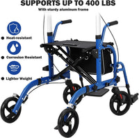 Garvee Rollator 2 en 1 pour seniors, aluminium pliable, roues anti-crevaison 25 cm, accoudoirs et repose-pieds amovibles, intérieur/extérieur, bleu et noir