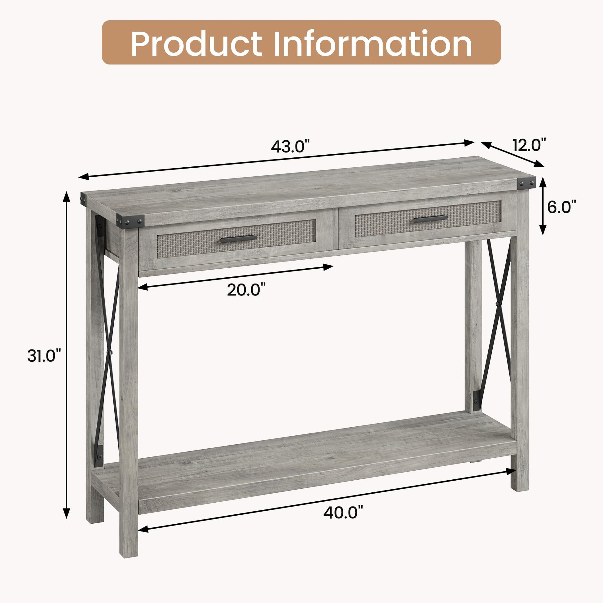 Console Garvee style ferme avec paniers en rotin, 109 cm, grise, idéale pour le salon et le couloir.