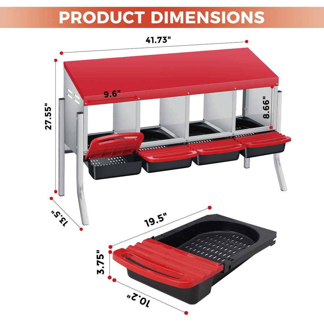 Garvee Nichoir pour Poules 4 Compartiments avec Support, Métal Galvanisé au Zinc avec Poignée en Plastique, Plateau Amovible, Rouge