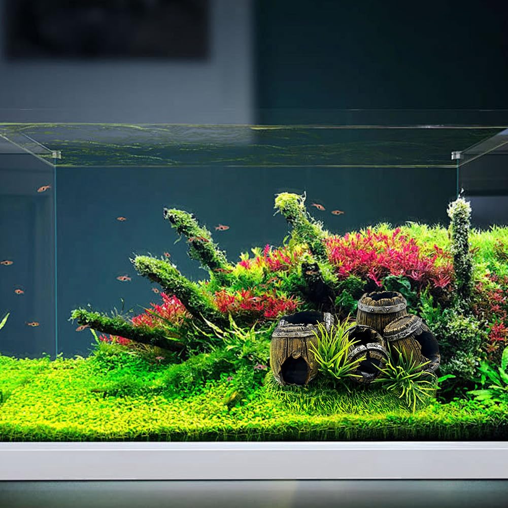 Garvee Décorations d'aquarium en résine, abri en forme de tonneau à vin, grotte idéale pour les poissons et les crevettes, pour se reposer et jouer, couleur naturelle