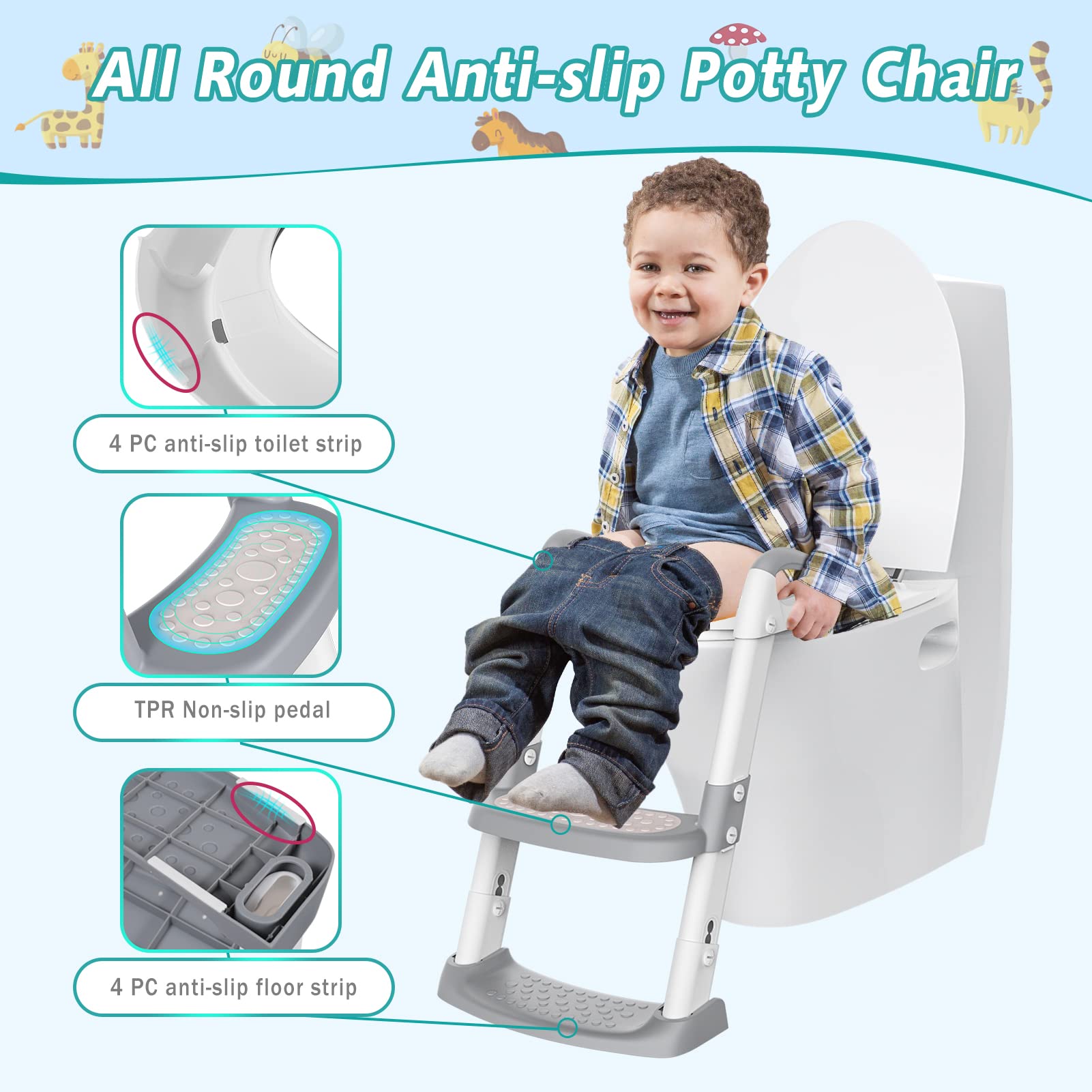 Siège de toilette enfant Garvee avec marchepieds, hauteur réglable, pliable, rembourré en PU, antidérapant, pour garçons et filles, blanc