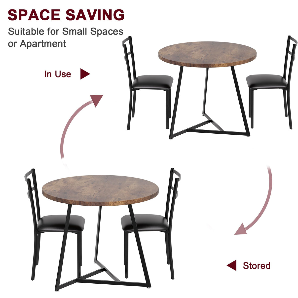 Ensemble table et chaises rondes Garvee pour 2 personnes, en MDF et métal, style rétro marron, gain de place idéal pour les petits appartements.