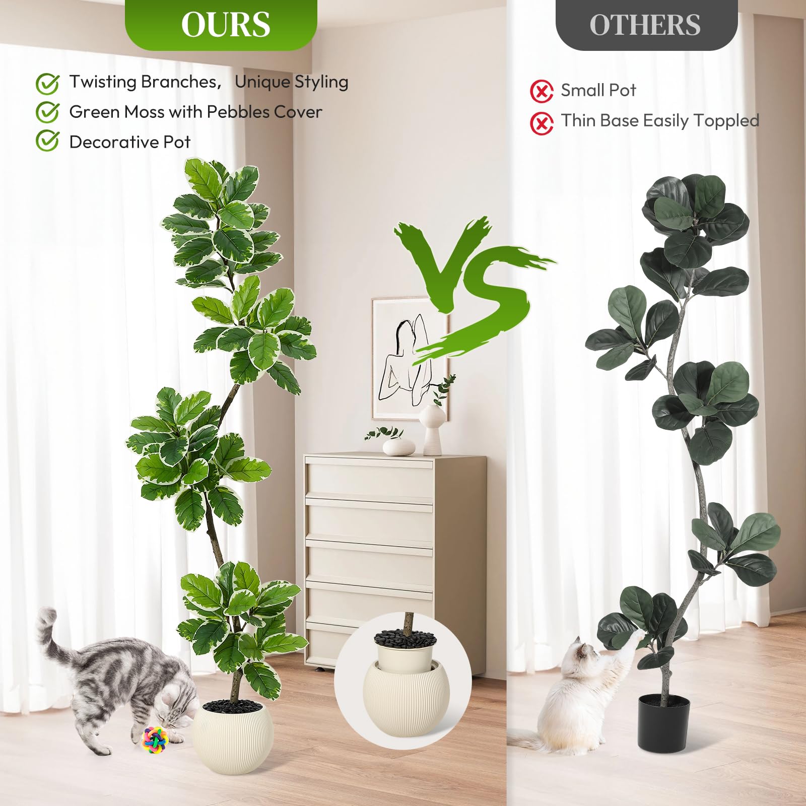 Figuier lyre artificiel Garvee de 1,80 m avec pot boule, décor de mousse, feuilles flexibles pour salon et bureau, entretien facile, vert