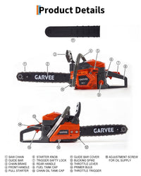Garvee Tronçonneuse Thermique 58 cm³ 2 Temps, Puissante et Rapide, Poignée Ergonomique Antidérapante, Frein de Chaîne, 7 kg, Entretien des Arbres