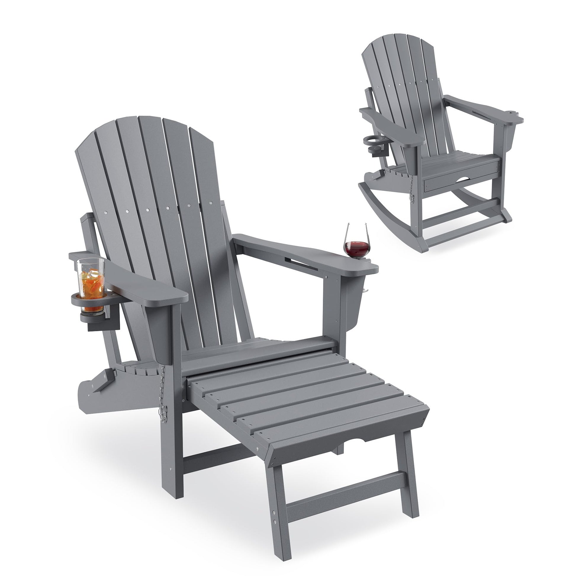 Garvee Fauteuil Adirondack 4 en 1 avec repose-pieds rétractable et porte-gobelet, pliable, HDPE résistant, pour patio et jardin, coloris naturel