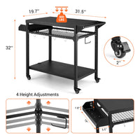 Chariot de barbecue d'extérieur Garvee avec support pour four à pizza, étagères en maille réglables, acier thermolaqué, 4 roues, jardin et camping, 105 x 50 x 81 cm, noir