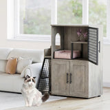 Garvee Station d'Alimentation Anti-Chien pour Chats avec Enceinte Litière Cachée, Rampe Texturée et Plateforme, Bois avec Maille Métallique, Meuble Rangement, Intérieur Maison - Gris