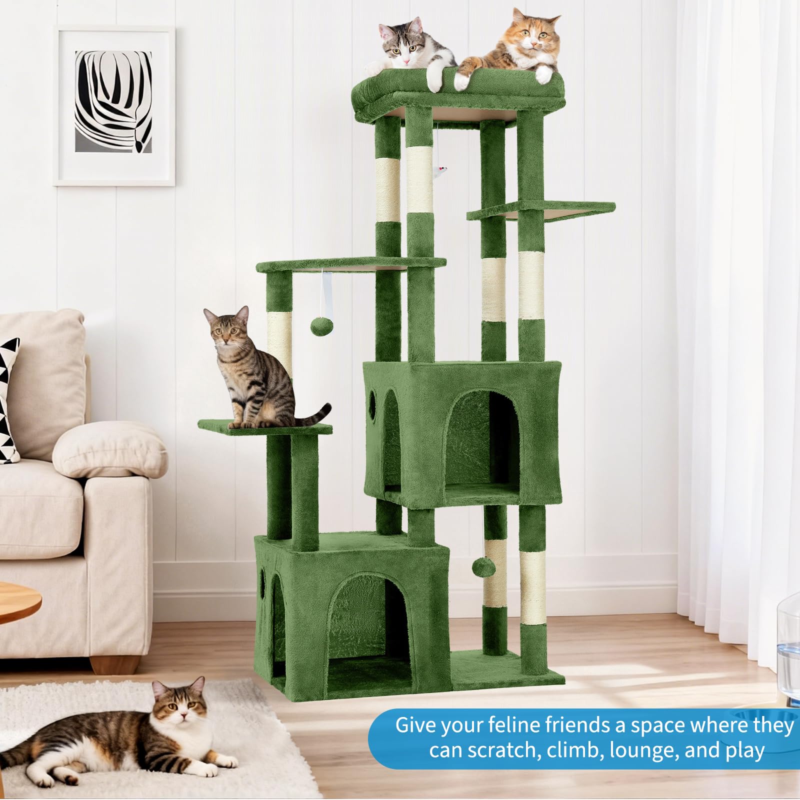 Garvee Tour pour Chat 155 cm Multi-Niveaux pour Grands Chats, Grande Plateforme, Usage Intérieur, Vert