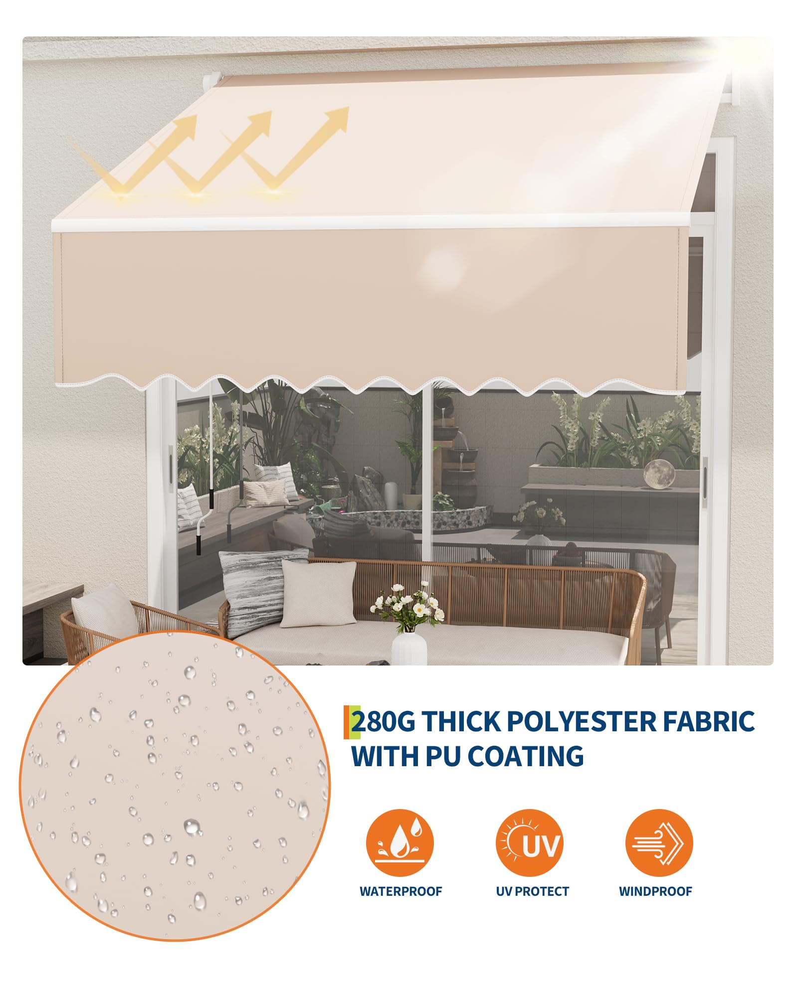 Store manuel Garvee 3 x 2,4 m, imperméable, protection UV, structure en aluminium, beige, pour terrasse et balcon
