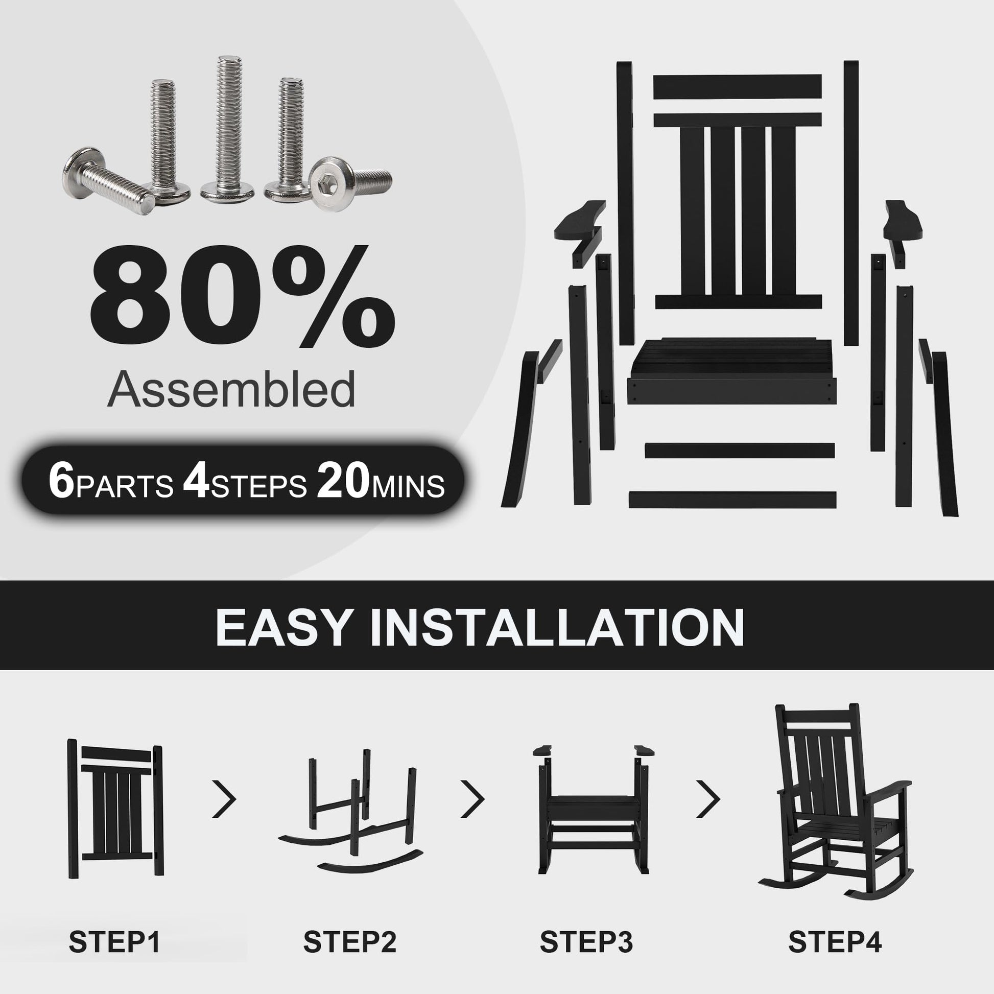 Garvee Fauteuil à bascule d’extérieur en HDPE noir, assise large avec accoudoirs spacieux, résistant aux intempéries, pour jardin et porche