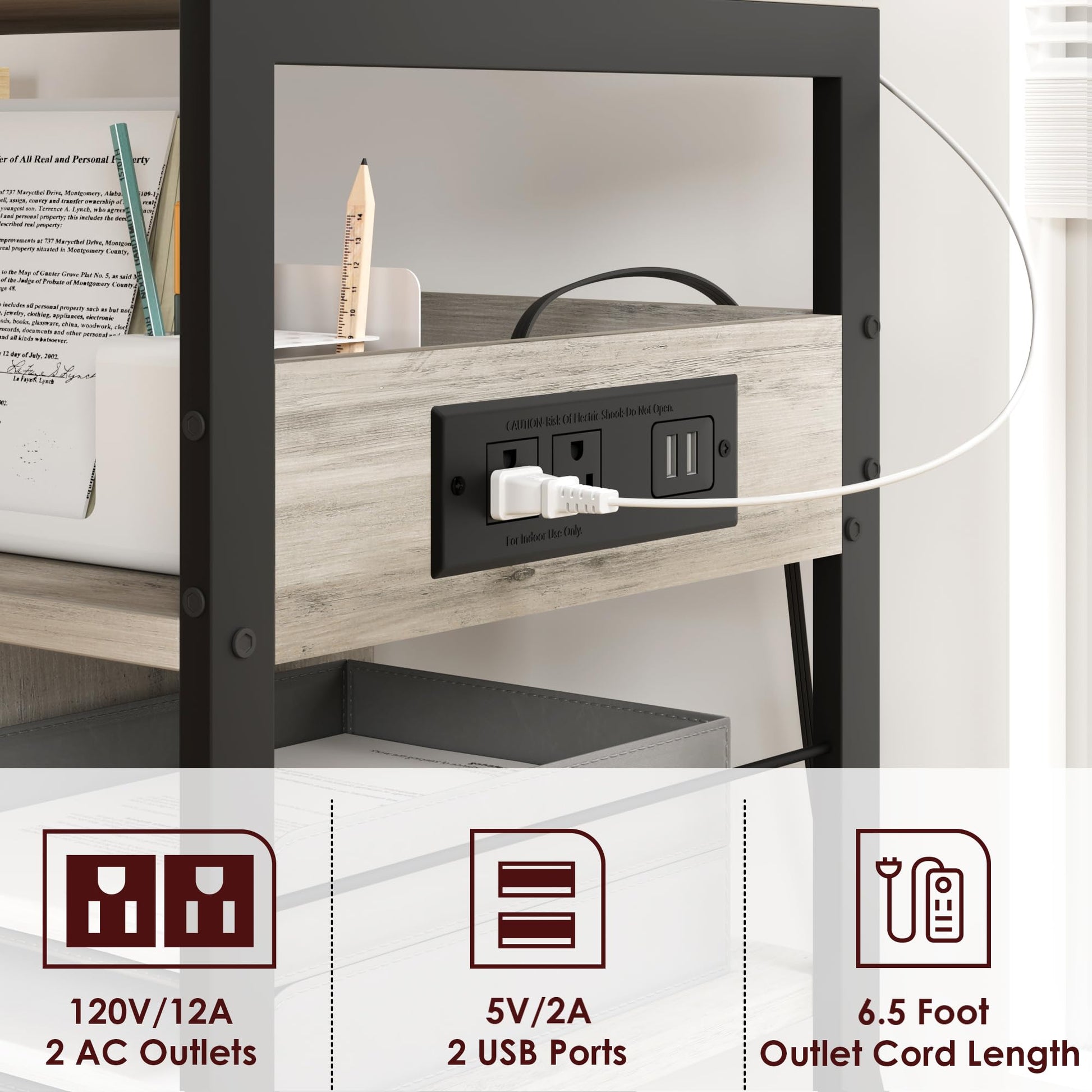 Support pour imprimante mobile Garvee grand format avec prises de courant et port USB, structure métallique à 4 niveaux, panneau MDF, roulettes avec freins, gris rustique, pour bureau et salon, 60 x 40 x 81 cm