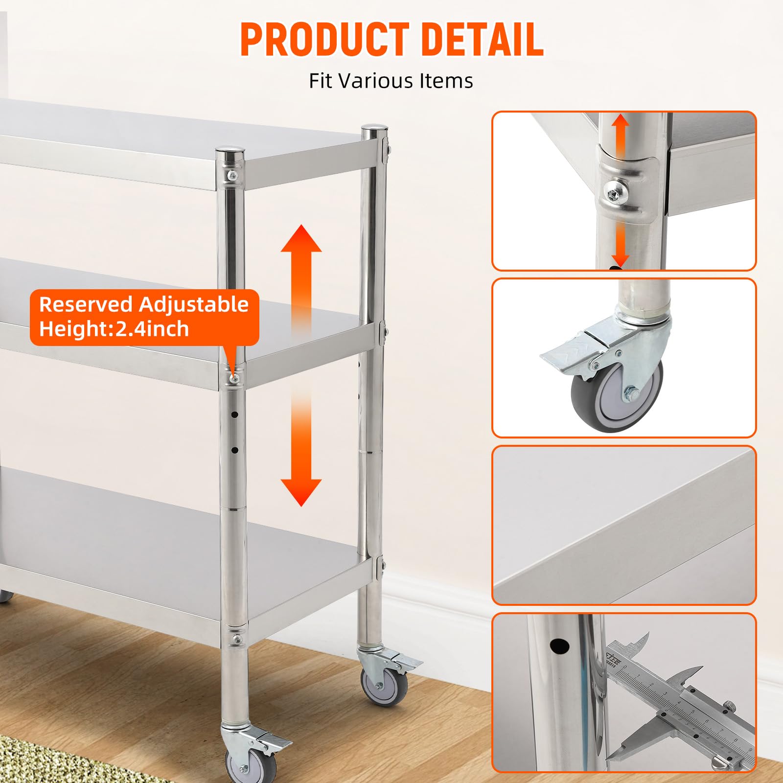 Étagère Garvee en acier inoxydable 81 x 41 x 91 cm, 3 niveaux, hauteur réglable, antirouille, robuste, idéale pour la cuisine et le rangement, couleur argent.