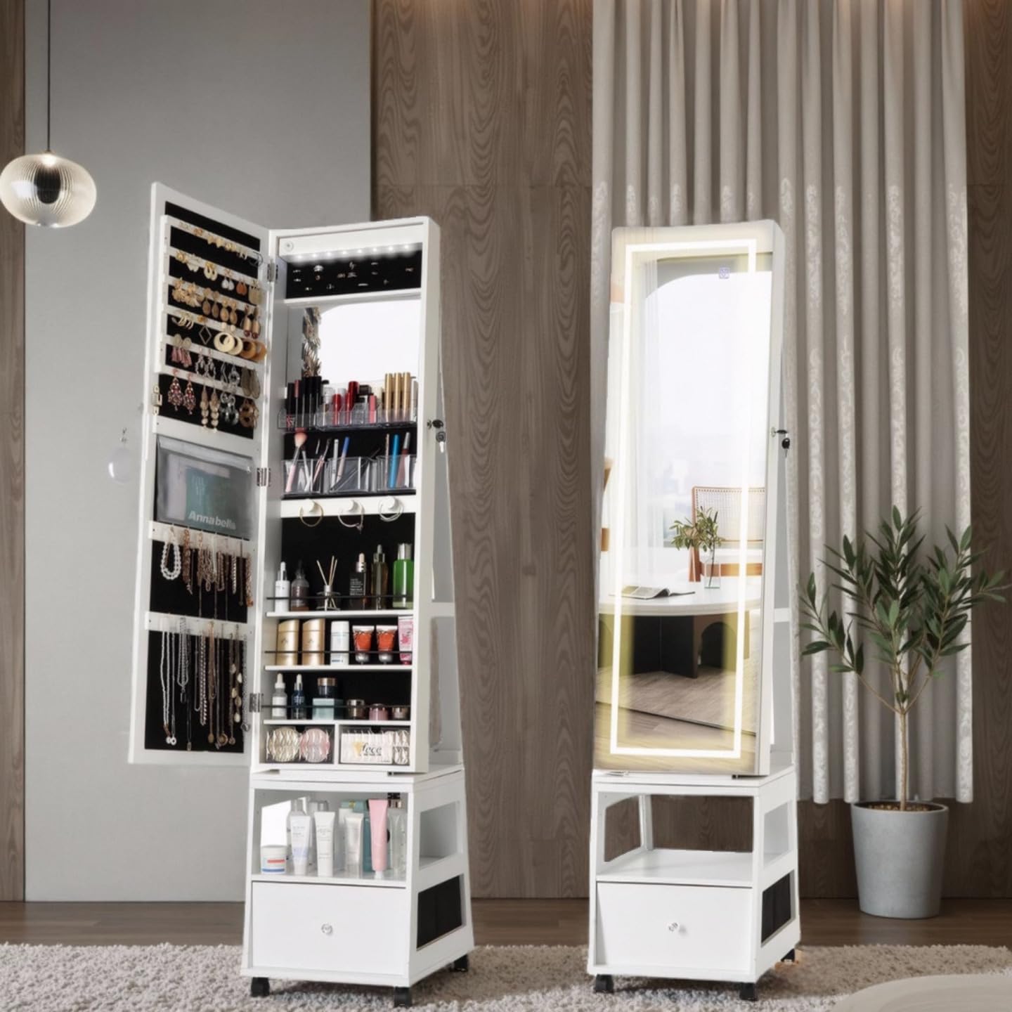 Garvee Armoire à bijoux pivotante à 360° avec miroir pleine longueur, éclairage LED, intérieur velours, blanche, pour chambre, verrouillable