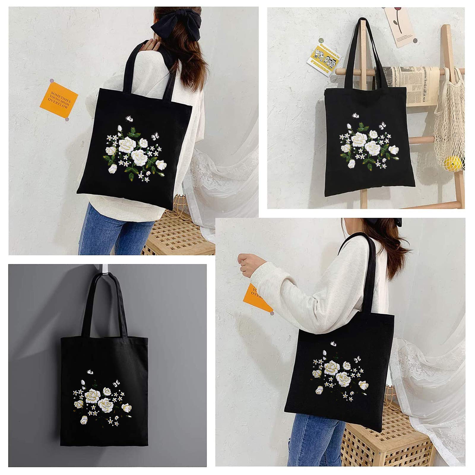 Kit de broderie Garvee avec tissu noir à motifs floraux, cadre en bambou, fils colorés, outils roses et blancs, sac de transport, cadeau de loisirs créatifs