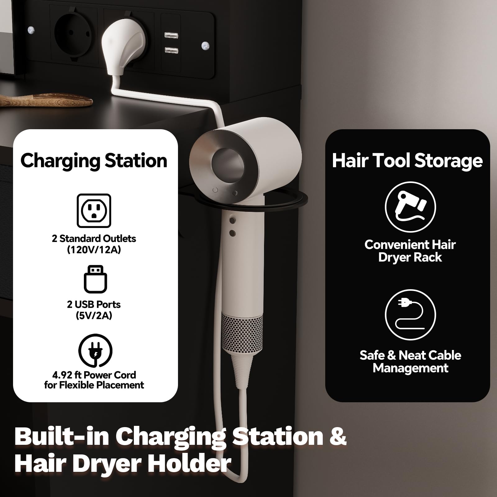 GARVEE Coiffeuse avec miroir LED et tabouret rembourré, 3 modes d’éclairage, station de charge intégrée et rangement, pour chambre moderne, noir