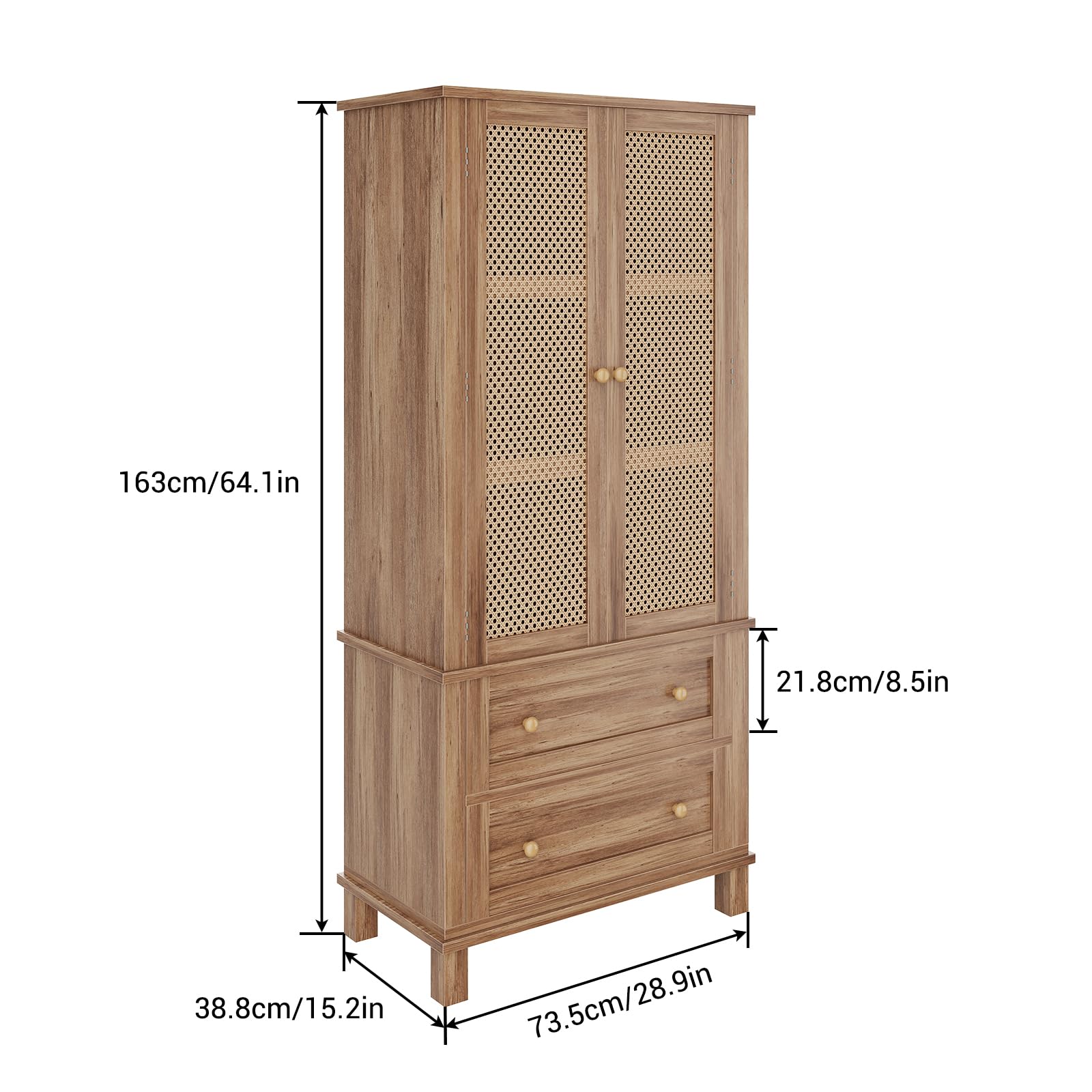 Meuble de rangement de cuisine Garvee avec 2 portes en rotin, 2 étagères réglables, hauteur 162,5 cm, en noyer, style campagnard, idéal pour le salon et la salle à manger.