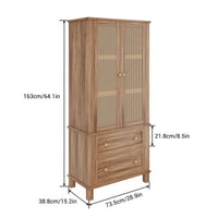 Meuble de rangement de cuisine Garvee avec 2 portes en rotin, 2 étagères réglables, hauteur 162,5 cm, en noyer, style campagnard, idéal pour le salon et la salle à manger.