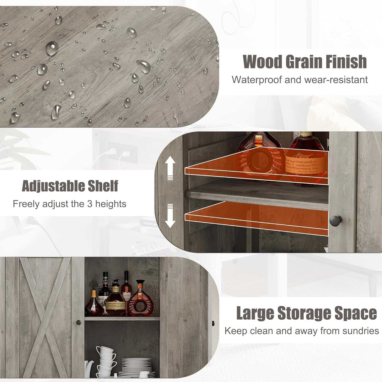 Garvee petit meuble de rangement, style campagne, avec 2 portes et étagères réglables, 76 × 40 × 80 cm, gris rustique, idéal pour le salon et la salle à manger