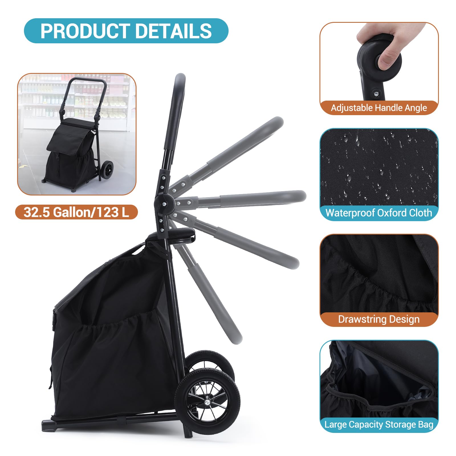 Chariot de courses pliable 2 en 1 Garvee avec siège, sac étanche de 123 L, capacité de charge de 60 kg, cadre en métal, roues tout-terrain de 17 cm, pliable pour les courses et les activités de plein air, noir