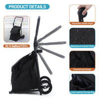 Chariot de courses pliable 2 en 1 Garvee avec siège, sac étanche de 123 L, capacité de charge de 60 kg, cadre en métal, roues tout-terrain de 17 cm, pliable pour les courses et les activités de plein air, noir