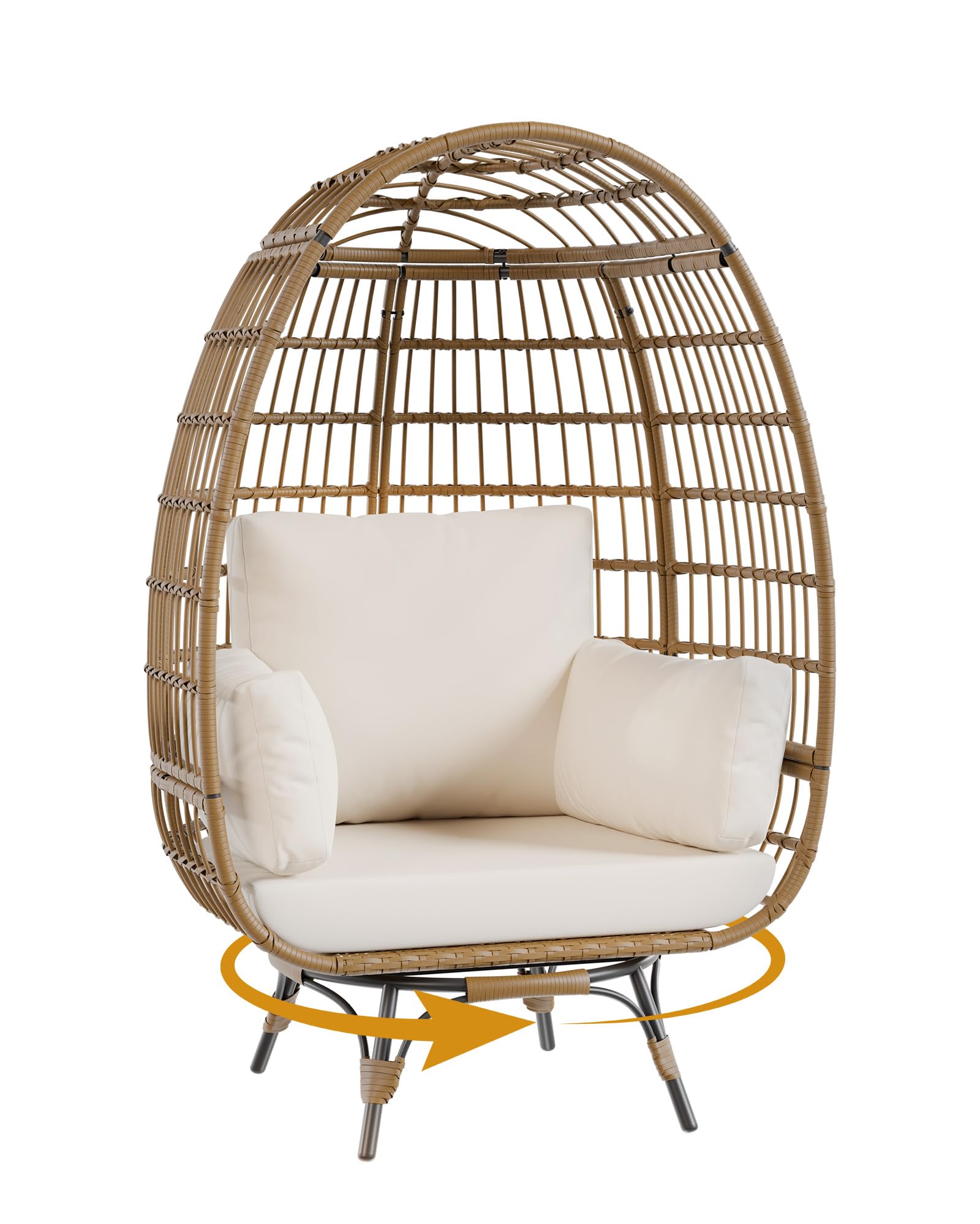 Garvee Fauteuil Œuf Pivotant 360° XL, Structure Acier et Base Métal, Rotin PE Résistant à l’Eau, Coussins Réglables, Intérieur/Extérieur, 96 × 76 × 145 cm, Naturel