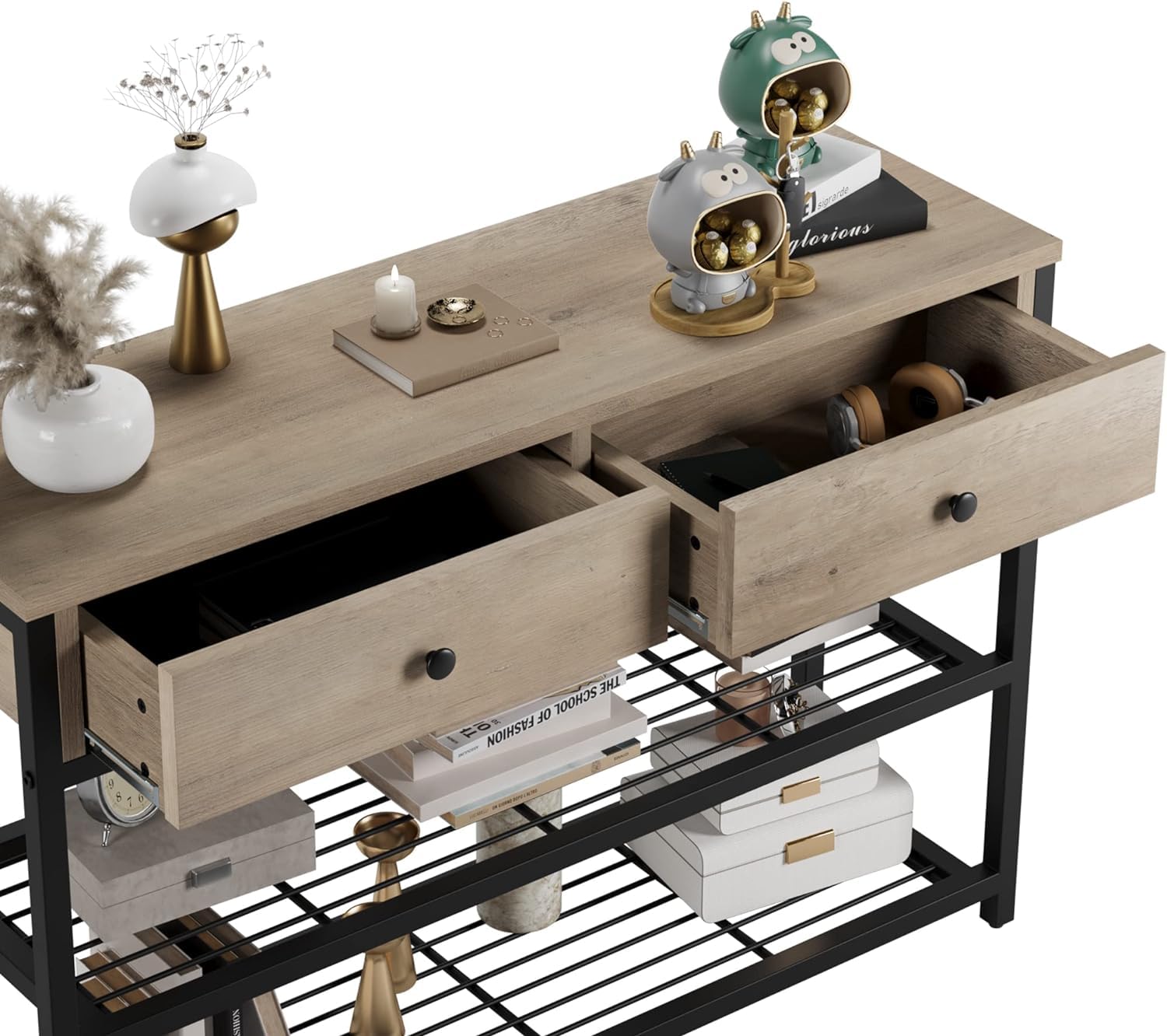 Console Garvee avec 2 tiroirs, structure en métal, étagère métallique à 2 niveaux pour entrée et salon, pieds réglables, robuste, panneaux de particules, noir