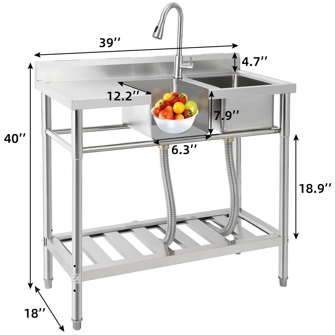 Garvee Évier commercial double bac en acier inoxydable, robinet pivotant 360°, étagères de rangement, pour cuisine et extérieur, 33 × 33 × 21 cm.