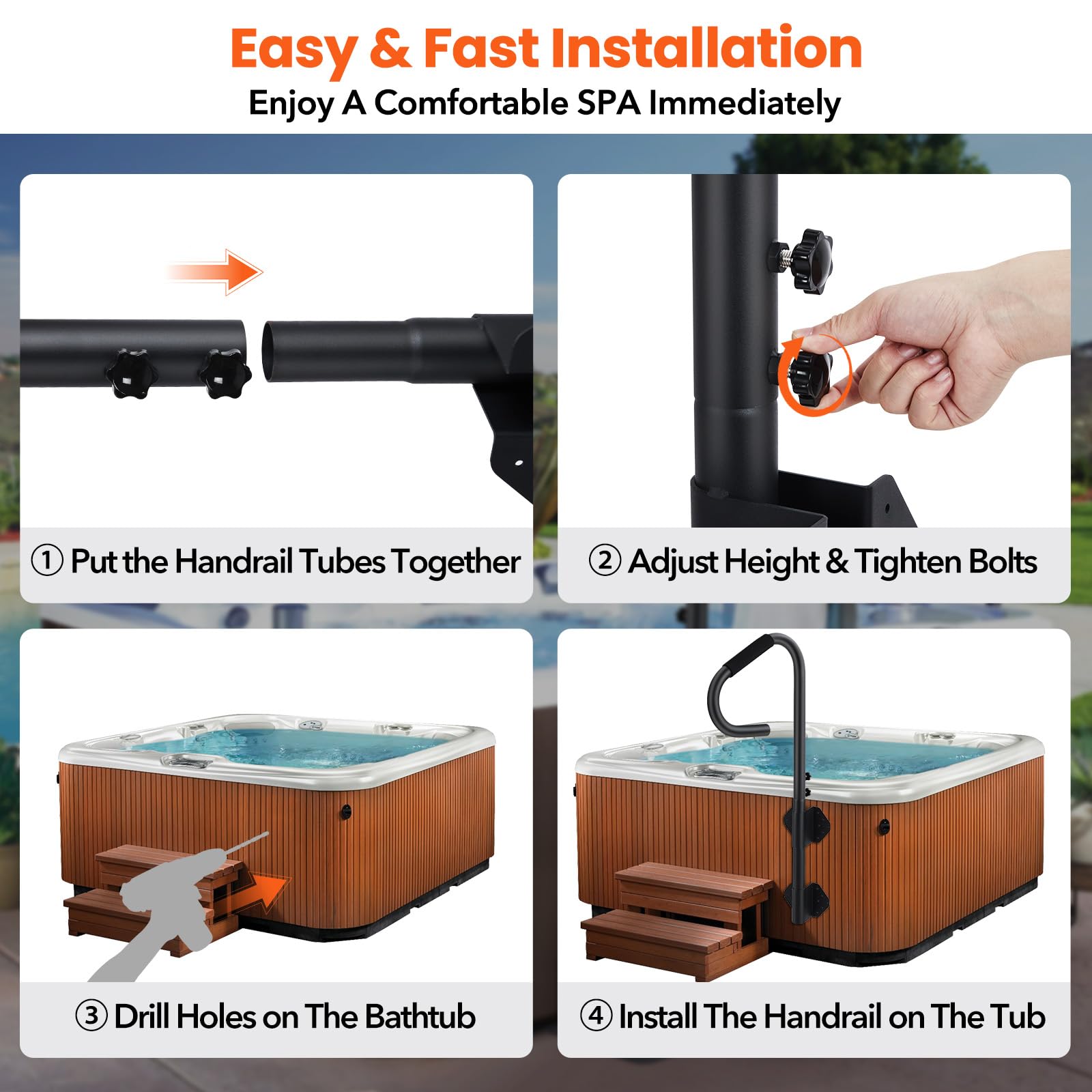 Main courante pour spa Garvee, rotative à 360°, réglable en hauteur de 45 à 120 cm, revêtement antidérapant, acier au carbone, pour une utilisation intérieure et extérieure.