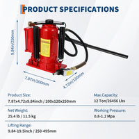 Cric bouteille hydraulique Garvee 12T, pneumatique et manuel, en fonte, pour voitures et camions, 9,8 à 19,5 pouces, rouge
