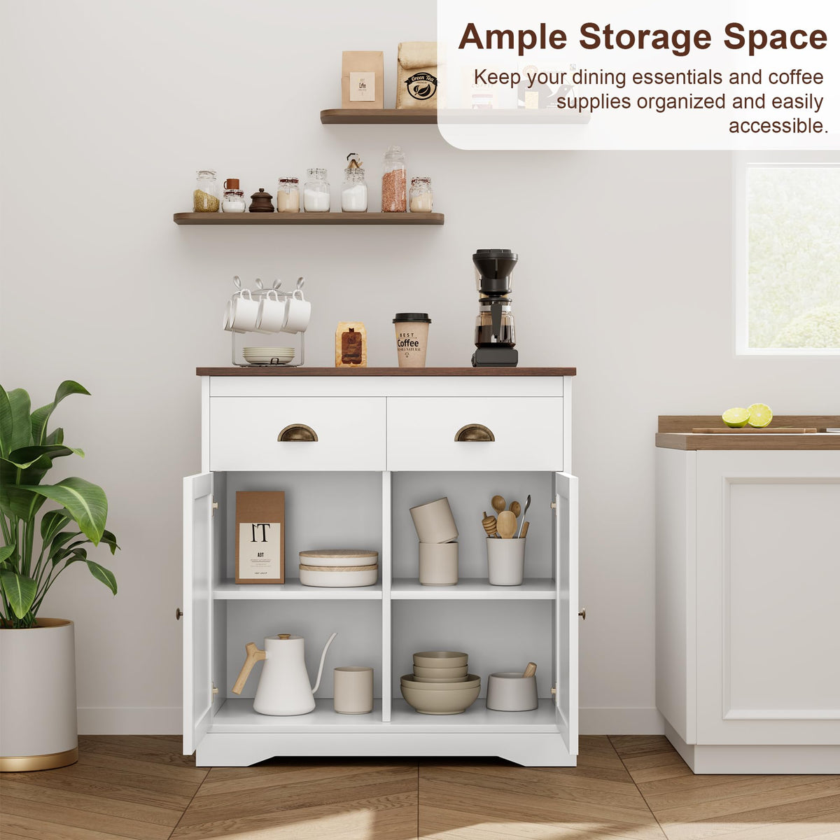 Garvee meuble bar à café, buffet moderne de style campagne avec 2 tiroirs, étagère réglable, double porte, blanc, bois, pour cuisine et salle à manger