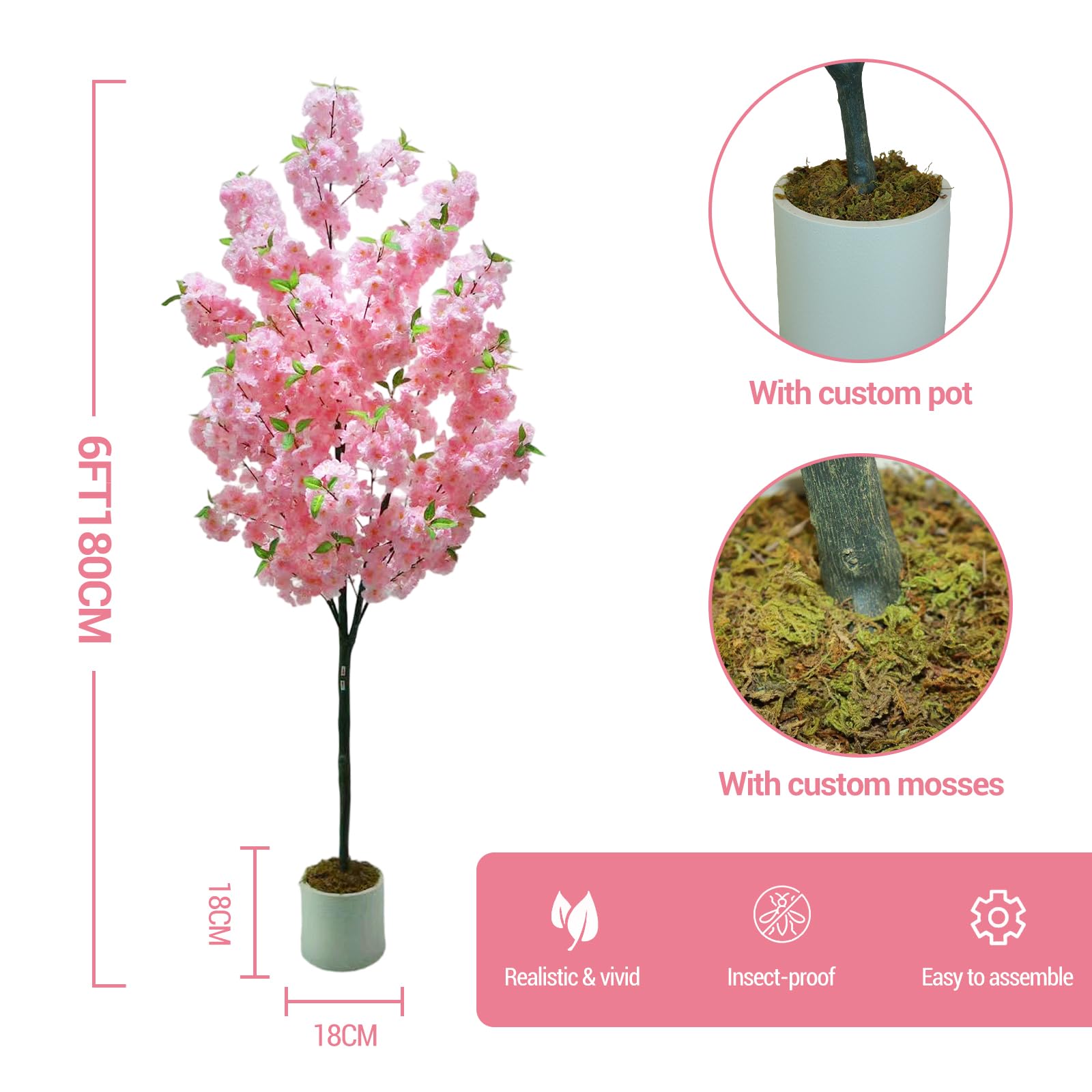Arbre artificiel d'intérieur Garvee de 1,80 m, réaliste et sans entretien, matériau de haute qualité, décoration polyvalente pour la maison et le bureau, vert