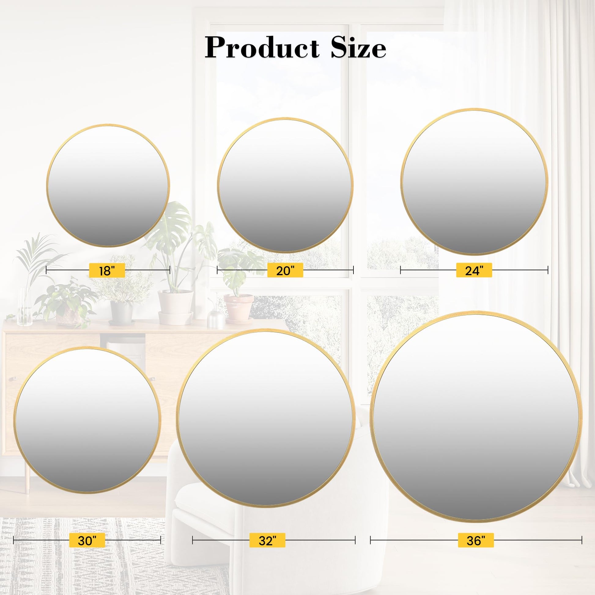 Miroir mural rond Garvee 91 cm (36 po) doré, cadre en métal doré mat, pour salle de bain et salon, grand cercle, verre écologique HD