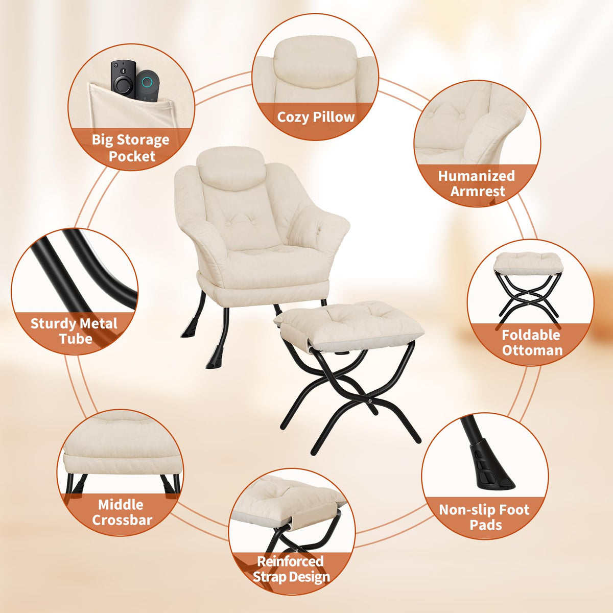 Fauteuil de lecture ergonomique Garvee, confortable et pliable, avec repose-pieds, en velours, idéal pour le salon et la chambre. Gain de place.