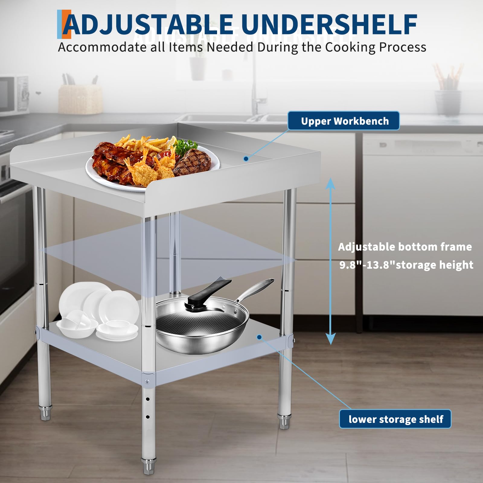 Table de grillade Garvee en acier inoxydable, hauteur réglable, 30 x 60 x 75 cm, capacité de charge de 180 kg, certifiée NSF, pour usage commercial et domestique, construction robuste, argent