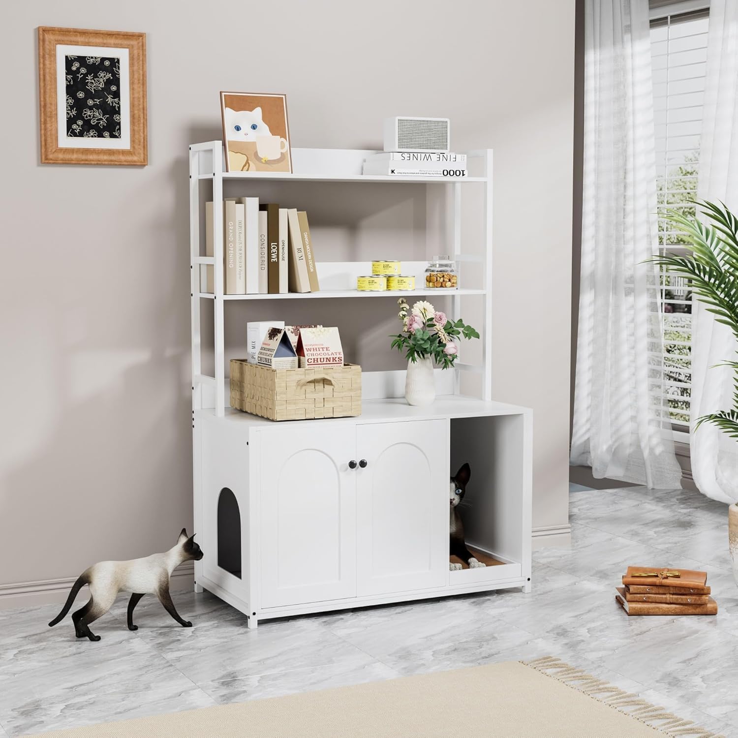 Garvee enclos pour bac à litière avec 2 portes et griffoir, MDF et acier, 3 étagères, blanc, pour le salon et la chambre, 57 cm × 42 cm × 55 cm