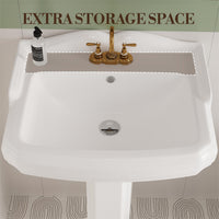 Lavabo sur pied rectangulaire en céramique Garvee 23 x 19 pouces avec robinet à 3 trous et trop-plein pour salle de bain moderne, blanc