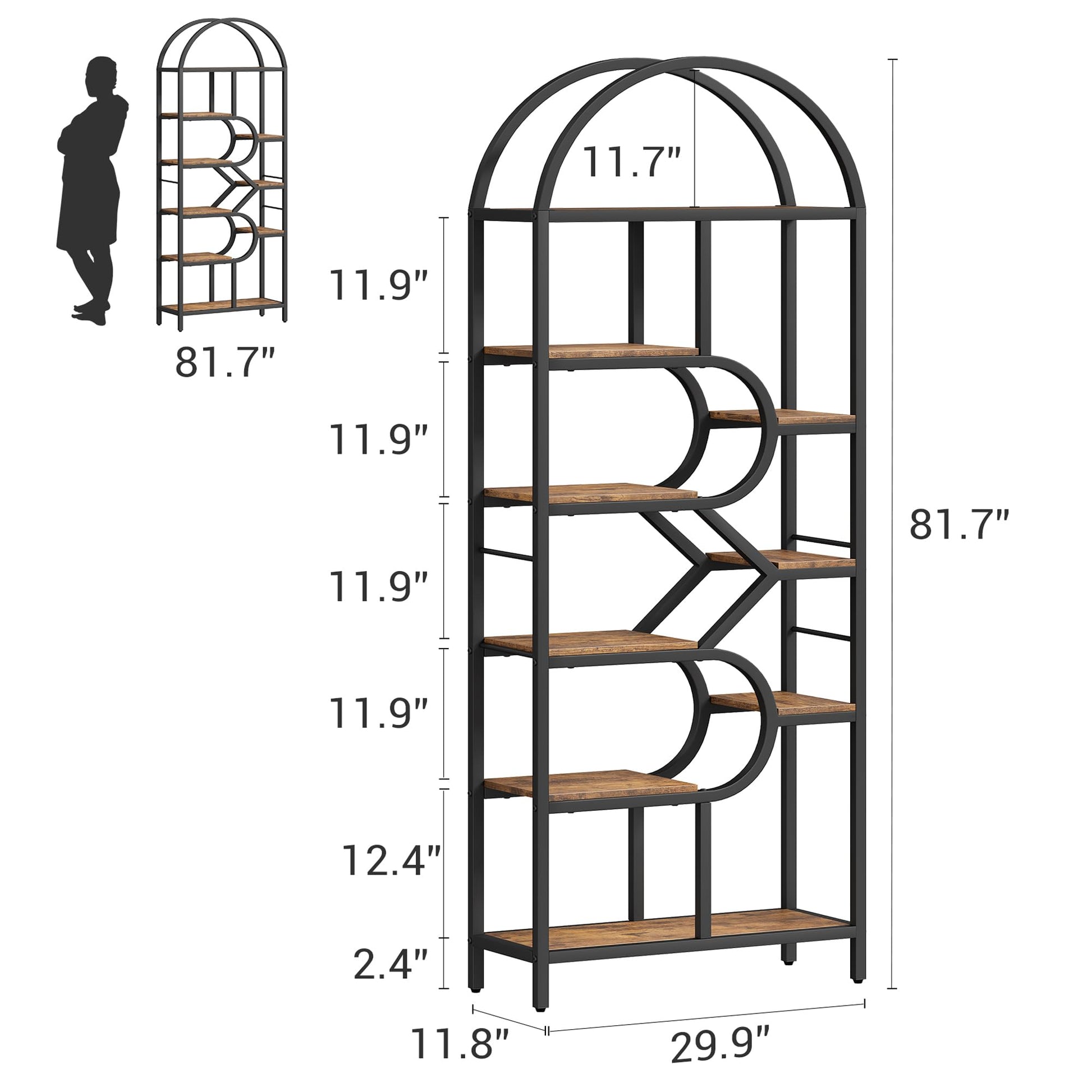 Garvee Bibliothèque à 6 Niveaux au Design Géométrique, Structure en Métal, L. 76 × P. 30 × H. 207,5 cm, Noir, pour Salon et Bureau