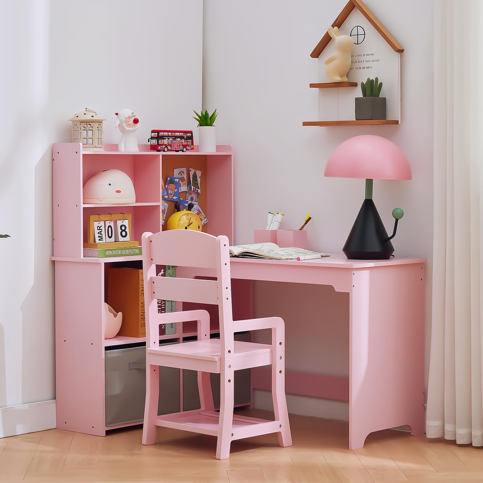 Ensemble bureau d'angle pour enfant Garvee avec tableau d'affichage et rangement, en forme de L, pour chambre d'enfant, rose, 101,6 x 106,7 x 78,7 cm